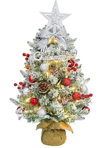 Produktbild: Mini Weihnachtsbaum Künstlich mit LED, 60cm Kleiner Weihnachtsbaum Geschmückt mit Kunstschnee und Ornamenten, Mini Tannenbaum für Weihnachten Deko(Rot Silber)