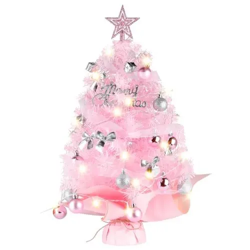 Produktbild: Mini Weihnachtsbaum Rosa 60cm, Siebwin Künstlicher Weihnachtsbaum Klein Mit Beleuchtung und Baumwipfel-Stern Weihnachten Dekoration für Home Office Shop Desktop