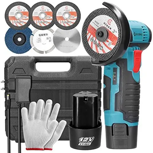 Produktbild: Mini Winkelschleifer, Geevorks Akku Winkelschleifer 12V Flex Akku 19500rpm, Mit 2 Akku 6 Trennscheiben (76mm Durchmesser), Zum Schleifen, Trennen und Polieren von Fliesen, Holz, Stein, Stahl, Glas
