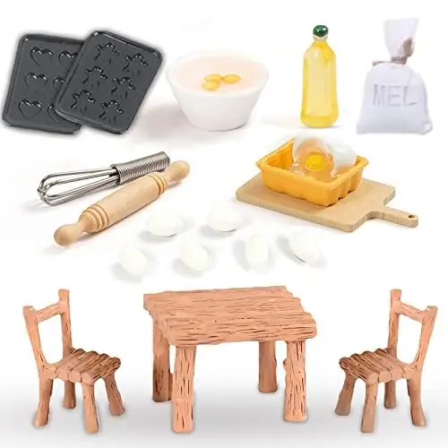 Produktbild: Miniatur Wichtel Zubehör 19 Stück Puppenhaus Mini Küche Backen Set Wichtelhaus Tisch und Stühle Eier, Nudelholz, Mehlbeutel Weihnachten