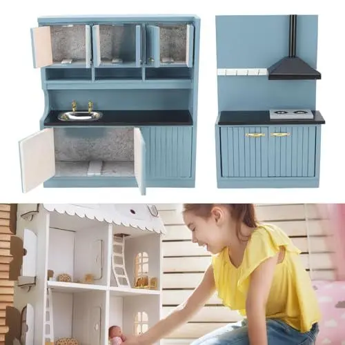 Produktbild: Miniatur-Küchenmöbel-Set, Handgefertigtes Puppenhaus-Möbelset aus Holz, Miniatur-Küchendekoration Im Maßstab 1:12 für Puppenhaus, Birkenmaterial