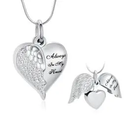 Produktbild: Minicremation Herz-Urnen-Halsketten-Anhänger für Asche, Engelsflügel, Einäscherungsschmuck für Damen und Herren, Andenken, Asche, Schmuck mit Aufschrift Always in my Mind Forever in my Heart,
