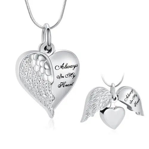 Produktbild: Minicremation Herz-Urnen-Halsketten-Anhänger für Asche, Engelsflügel, Einäscherungsschmuck für Damen und Herren, Andenken, Asche, Schmuck mit Aufschrift Always in my Mind Forever in my Heart,