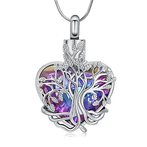 Produktbild: Minicremation Urne Halskette für Asche Baum des Lebens Birthstone Herz Anhänger Kremation Keepsake Memorial Beerdigung Halskette Schmuck Geschenke für Frauen Frau Mutter (F)