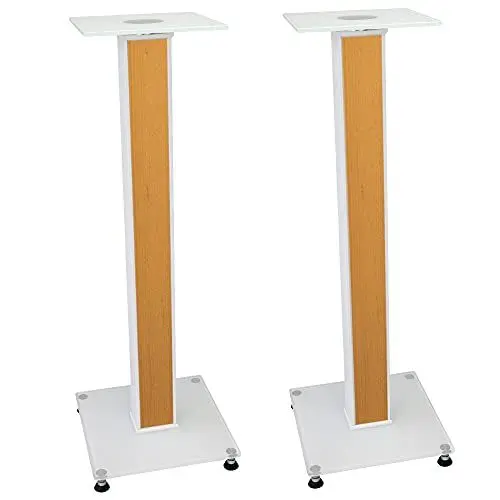 Produktbild: minify BS03 Exklusive Boxenständer in weißem Hochglanz mit Dekoreinlage (Rotbuche)