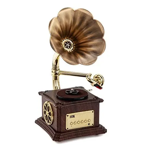 Produktbild: Mini-Grammophon, kann Schallplatten abspielen, eingebauter Lautsprecher, 2 Geschwindigkeiten (33/45), Bluetooth-Verbindung, FM-Radio, Lautsprecher aus reinem Kupfer, exquisit und kompakt