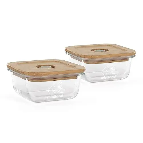 Produktbild: Miniland Ecosquare Chick. Set mit zwei luftdichten Glasbehältern mit Deckel aus FSC-Holz.