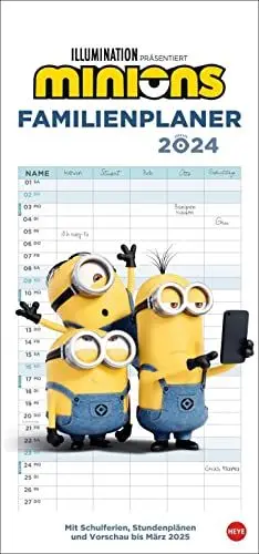 Produktbild: Minions Familienplaner 2024. Familienkalender mit 5 Spalten. Wandkalender mit Schulferien und Stundenplänen.