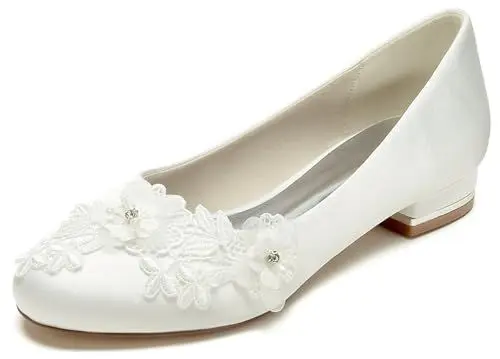 Produktbild: MINITOO Flache Schuhe fur Damen Mädchen Hochzeits Lace Blume Brautschuhe Abend Pumps MY273 Ivory EU 40