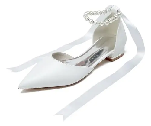 Produktbild: MINITOO Mädchen Frauen Kleid Flache Schuhe Perlen Brautschuhe Hochzeits Abend Pumps mit Schleif MY278 Weiß EU 36