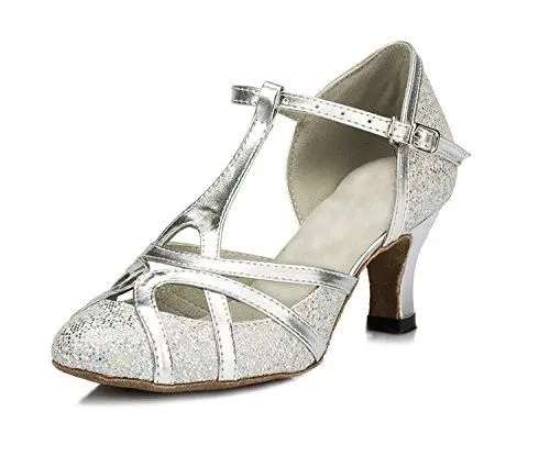 Produktbild: Minitoo qj6133 Damen Geschlossen Zehen High Heel PU Leder Glitzer Salsa Tango Ballsaal Latin t-strap Dance Schuhe, Silber Silver-6cm Heel .5,36.5 EU/4 UK