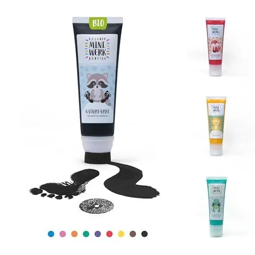 Produktbild: Miniwerk Bio Malfarbe Schwarz mit Schwammaufsatz aus natürlichen Rohstoffen, schadstofffrei wie Fingerfarbe - Fußabdruck Baby - Erinnerung und Dekoration für Baby- & Kleinkinderzimmer