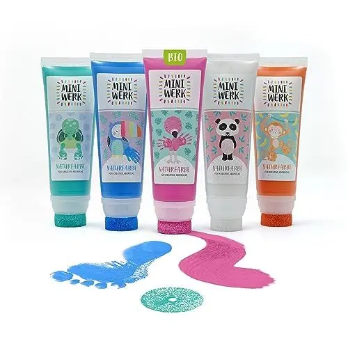 Produktbild: Miniwerk Naturfarbe 5er Set mit Schwammaufsatz - 5 Bio Malfarben aus natürlichen Rohstoffen, schadstofffrei wie Fingerfarbe - Handabdruck Set Familie, Fußabdruck Baby, Abdruckset