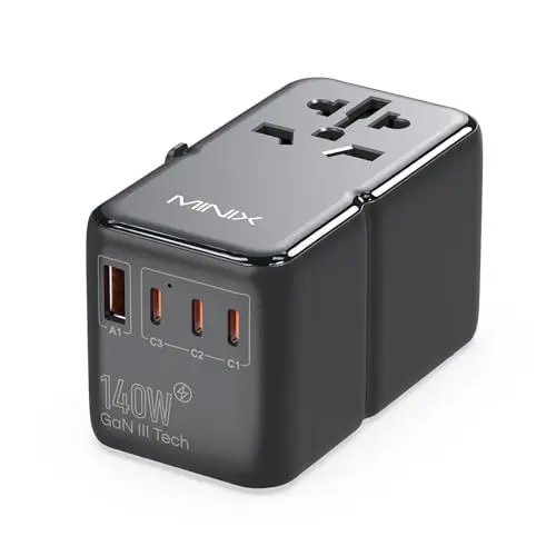 Produktbild: MINIX Universal-Reiseadapter, 140 W GaN III, internationaler Netzadapter, 3 USB-C-2-USB-A-Anschlüsse, AC-Steckdose, weltweites Reise-Ladegerät für Laptops, Tablets, Handys und mehr