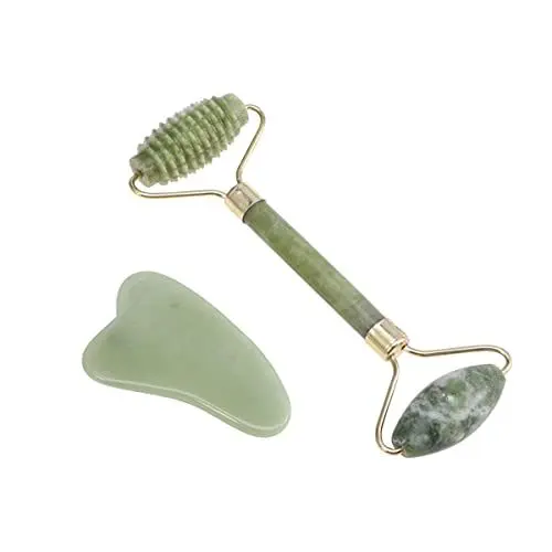 Produktbild: Minkissy Gesichtsmassagegerät 2Pcs Doppel Kopf Jade Roller Guasha Brett Natürliche Jade Stein Gesichts Roller Gesichts Massager Werkzeug für Gesicht Augapfel Neck Massage Gesichtsspatel