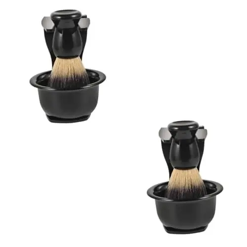 Produktbild: minkissy 2 Sätze Eingestellt Rasierzeug Rasierschale Rasierpinselhalter Rasierset für Männer Rasierset für Rasiermesser nylonbürste Herren Rasierset Bart rasieren manuelle Rasur Acryl Black