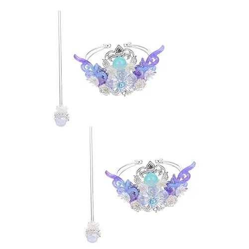 Produktbild: minkissy 2 Sätze Hanfu Haarkrone Kopfschmuck Hochsteckfrisur Haarnadeln Pferdeschwanz Tiara Im Chinesischen Stil Keltischer Schmuck Für Frauen Haarnadelstock Damen Schal Haarteil Legierung