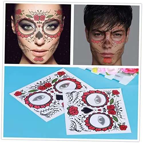Produktbild: minkissy 2st Halloween-gesichtstattoo Blumen- Halloween-aufkleber Gesichtstätowierung Halloween-tattoos Halloween Temporary Skull Face Tattoos Kostüm Gesicht Skelett Frau Kleidung