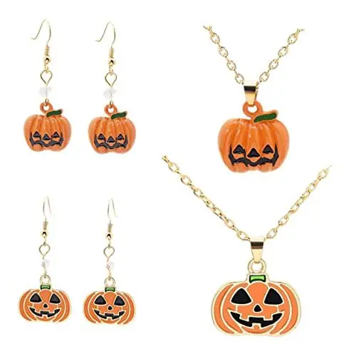 Produktbild: minkissy Halloween Schmuckset Damen Einzigartiges Kürbis Ohrringe und Halskette Set Halloween Schmuck mit Kürbis Design für Party Maske und Fest Langlebig und Sicher Perfektes für Freunde