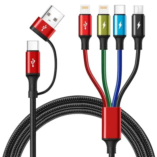 Produktbild: Minlu 4 in 2 Multi Ladekabel, Multi USB Kabel mit Datenübertragung, Nylon Universal Ladekabel (3.5A 1.2M) Ladekabels USB Schnellladekabel mit Micro/Typ C/2*Lightning für iPhone,Android,Galaxy,Tablet