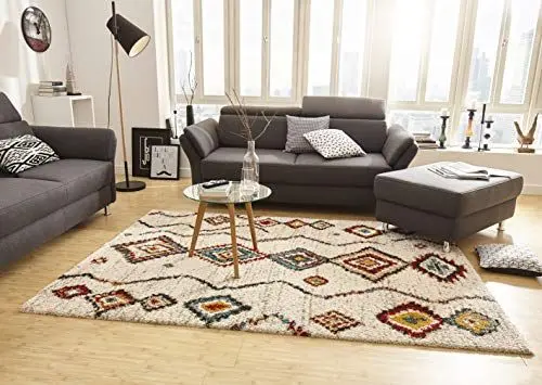 Produktbild: Mint Rugs Geometric Teppich Hochflor Wohnzimmer-Teppich Weich Flauschig Langflor Shaggy Flokati Boho Ethno-Design für Kinderzimmer Schlafzimmer Küche Flur Creme-Bunt 200x290 cm