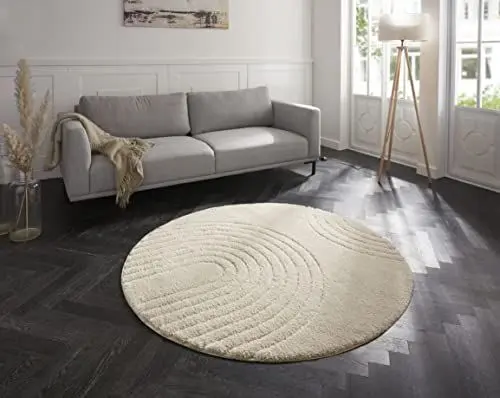 Produktbild: Mint Rugs Teppich Fergus Rund Hochflor Wohnzimmer-Teppich Weich Flauschig Langflor Shaggy Flokati Skandi Design für Küche Flur oder Schlafzimmer Hoch-Tief Struktur Creme ø160 cm