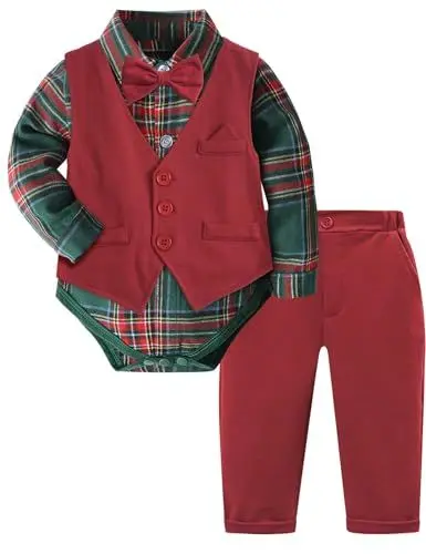 Produktbild: mintgreen Baby Junge Weihnachtsoutfit, Weihnachten Kinder Bodysuit Waitcoat Hochzeit Langarm Kleidung Set, Grün & Rot, 3-6 Monate, 60