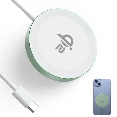 Produktbild: Minthouz Qi2 zertifiziertes kabelloses Ladegerät für iPhone 16/15/14/13 Serie,Magnetisches kabelloses Ladepad für Samsung,Mag-Safe Ladegerät für Airpods und Qi-fähige Geräte (Grün, Ohne Adapter)