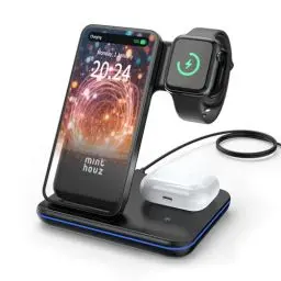 Produktbild: Minthouz Wireless Charger, 3 in 1 Induktive Ladestation mit 18W Adapter für mehrere Geräte Apple, iWatch S8/7/6/5/4/3/SE2/SE (ONLY), AirPods 3/Pro, Qi kompatibel mit iPhone 15/14/13/12/11