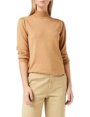 Produktbild: Minus Mersin Rollkragenpullover Damen XS | Brauner Strickpullover Elegant Mit Hohem Halsausschnitt und 3/4 Ärmel | Frühling Pulli Mit Rollkragen