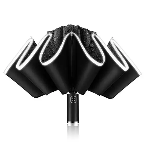 Produktbild: MINYUOCOM Reise-Regenschirm faltbar winddicht Anti-UV automatischer Regenschirm für Damen und Herren kompakt tragbar invertiert reflektierende Streifen schwarz Pro MYS7126B