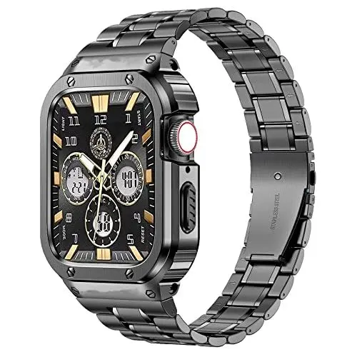 Produktbild: MioHHR Metallbänder mit Gehäuse kompatibel für Apple Watch Armband 45 mm, stoßfestes Edelstahlgehäuse und Ersatzband mit Fall für iWatch Series 9/8/7 für Herren(Grau)