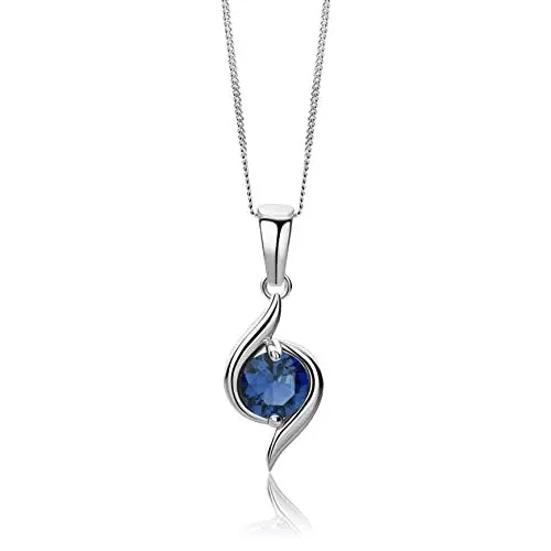 Produktbild: MIORE Kette Damen Halskette aus Weißgold 9 Karat- 375 Gold mit Edelstein-Geburtsstein Anhänger Rubn, Saphir, Smaragd, Topas, Halsschmuck 45 cm lang (Saphir)