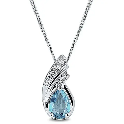 Produktbild: MIORE Schmuck, Halskette Damen Silber 925, Diamanten Blautopas Kette, Edelstein Kette mit natürlichen Topas Stein umgeben von Brillanten, Kettenanhänger Gold 9K 375, Silberkette Damen, 45 cm lang