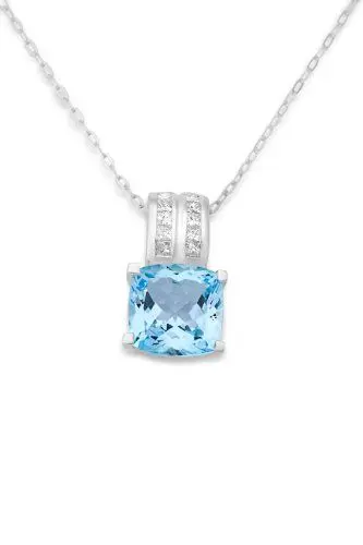 Produktbild: MIORE Kette Damen 0.23 Ct Diamant Halskette mit Anhänger Edelstein/Geburtsstein Topas in Blau und Diamanten Brillanten Kette aus Weißgold 14 karat / 585 Gold, Halsschmuck 45 cm lang