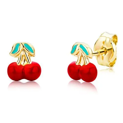 Produktbild: Miore Kinderschmuck Ohrstecker rot grün Kirschen Ohrringe aus Gelbgold 14 Karat /585 Gold 5.5 x 5 mm