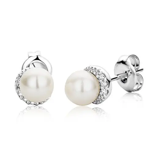 Produktbild: Miore Ohrringe Damen Ohrstecker Weißgold 9 Karat / 375 Gold Süßwasserperlen mit Diamant Brillianten