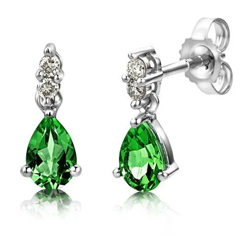 Produktbild: Miore Ohrringe Damen 0.08 Ct Diamant tropfen Ohrhänger mit Edelstein/Geburtsstein Smaragd in grün aus Weißgold 9 Karat / 375 Gold, Ohrschmuck mit Diamanten Brillanten