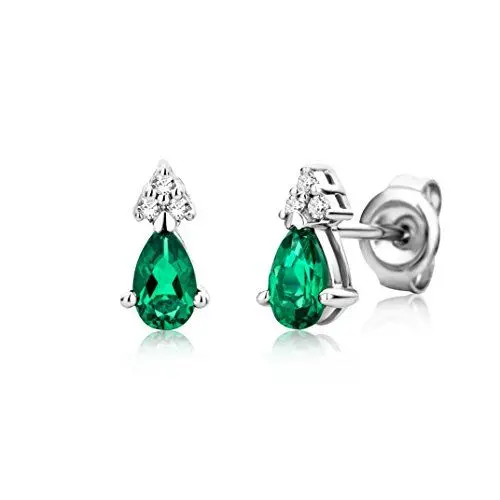 Produktbild: Miore Schmuck Damen 0.04 Ct Diamant Ohrringe mit Edelstein/Geburtsstein grüner Smaragd und Diamanten Brillanten Ohrstecker aus Weißgold 9 Karat / 375 Gold