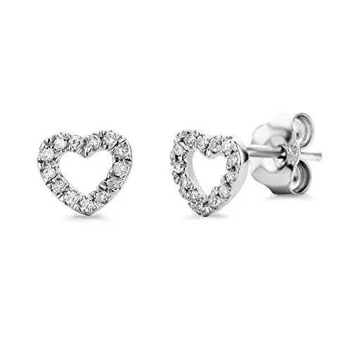 Produktbild: Miore Schmuck Damen 0.08 Ct Diamant Ohrstecker mit Herzen aus 26 Diamanten Brillanten Ohrringe aus Weißgold 9 Karat / 375 Gold
