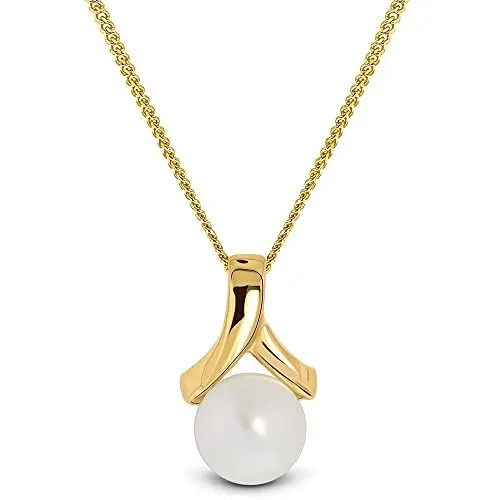 Produktbild: MIORE Schmuck, Perlenkette Damen, Goldkette mit Perlen Anhänger Gold, Gliederkette Gold 9 Karat 375 Gelbgold, 45 cm lang, Halskette Damen