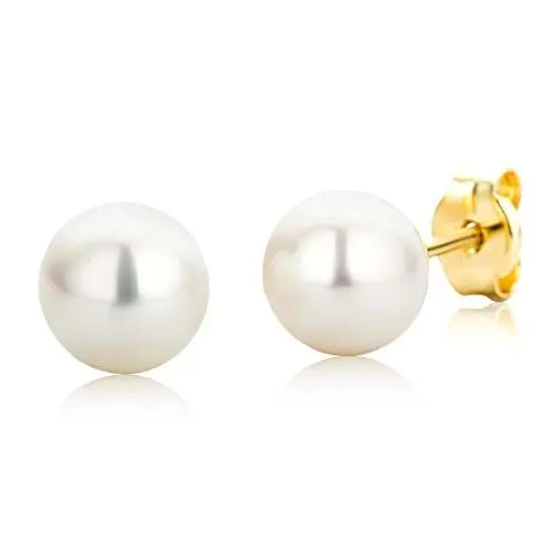 Produktbild: Miore – Ohrringe aus 14 Karat Gelbgold (585) mit weißen Süßwasserperlen (6 mm) – Bouton Gold Ohrstecker mit Zuchtperlen für Damen in edler Fassung – Allergenfrei & handgemacht (6 x 6 mm)
