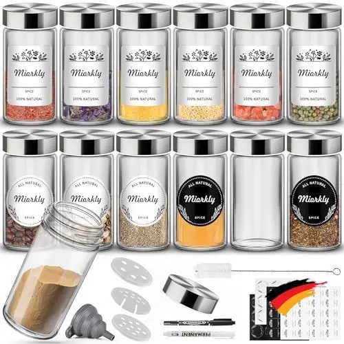 Produktbild: Miorkly 12 Gewürzgläser mit Streueinsatz-Hochwertiger Edelstahldeckel Gewürzdosen-Runder Gewürzstreuer-Transparenter Gewürzbehälter-Gewürze Set hat Gewürzgläser Rund, Ausgangssiebe et