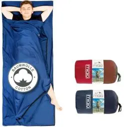 Produktbild: MIQIO® 2in1 Baumwoll-Hüttenschlafsack mit durchgängigem Reißverschluss (Koppelbar): Leichter Komfort Reiseschlafsack und XL Reisedecke in Einem - Sommer Schlafsack Innenschlafsack (Blau,Links)
