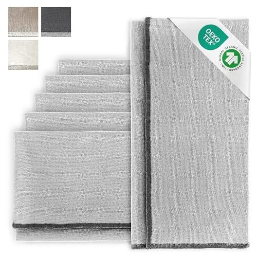 Produktbild: MIQIO® Design Stoffservietten mit edler Ziernaht I 6er Set Leinenservietten I 45x45 cm I Stoff-Servietten aus 55% Leinen und 45% Baumwolle I European Flax, GOTS und Ökotex Zertifiziert I Hellgrau