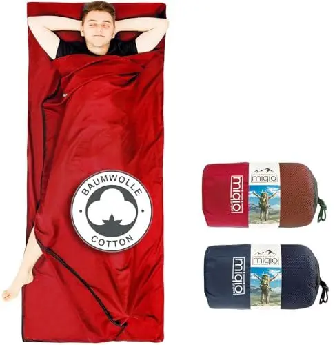 Produktbild: MIQIO® 2in1 Baumwoll-Hüttenschlafsack mit durchgängigem Reißverschluss (Koppelbar): Leichter Komfort Reiseschlafsack und XL Reisedecke in Einem - Sommer Schlafsack Innenschlafsack (Rot,Rechts)