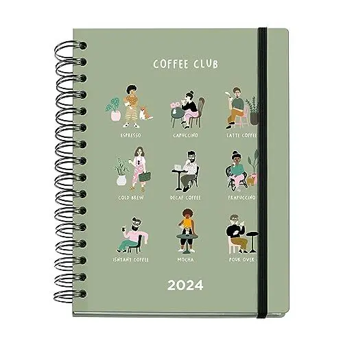 Produktbild: Miquelrius – Jahreskalender 2024 für Kaffeeliebhaber, Wochenansicht, Plusgröße 155 x 213 mm (ähnlich A5), starrer Einband, Spiralbindung, Gummiverschluss, mehrsprachig, Coffee Club Green