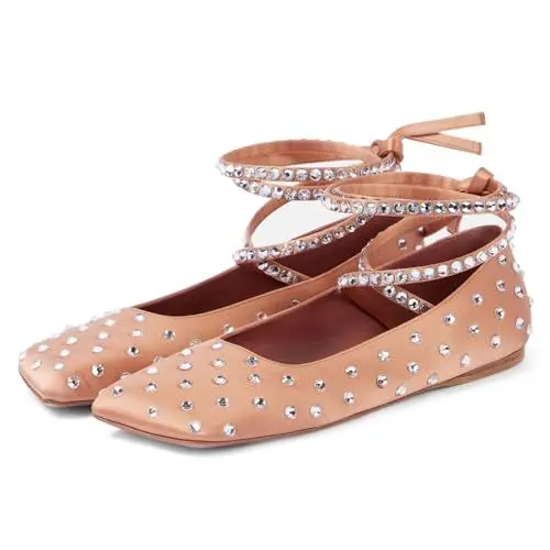Produktbild: MIRAAZZURRA Ballerinas Damen Ballet Flats Riemchenballerinas mit Strasssteine Quadratische Zehe Ballerinas für Freizeit Fashion Casual Business Arbeit Nude 38EU