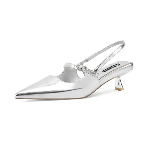 Produktbild: MIRAAZZURRA Damen Kitten Heel Slingbacks Spitze Zehen Pumps Niedriger Absatz Slip On Kleiderschuhe mit Schnallenriemen für Dating Party Arbeiten Silber 41