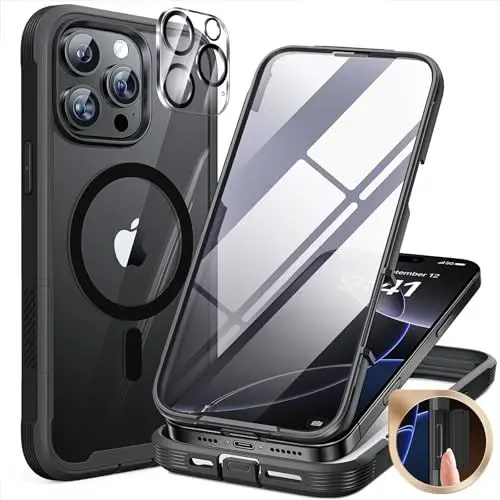 Produktbild: Miracase 360 Grad für iPhone 16 Pro Hülle mit Magsafe, Eingebaut Glas Schutzfolie, Komplettschutz HandyHülle Magnetisch Stoßfest Case für iPhone 16 Pro Schutzhüllen 6,3 Zoll, Schwarz